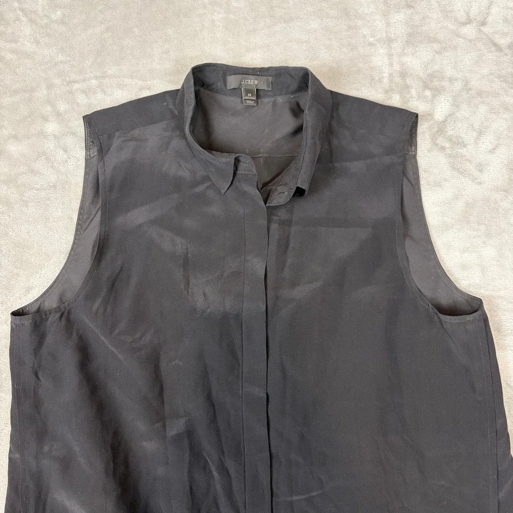 J.Crew Shirt Dress Womens‎ Medium Black 100% Silk Sleeveless Hidden Button Front